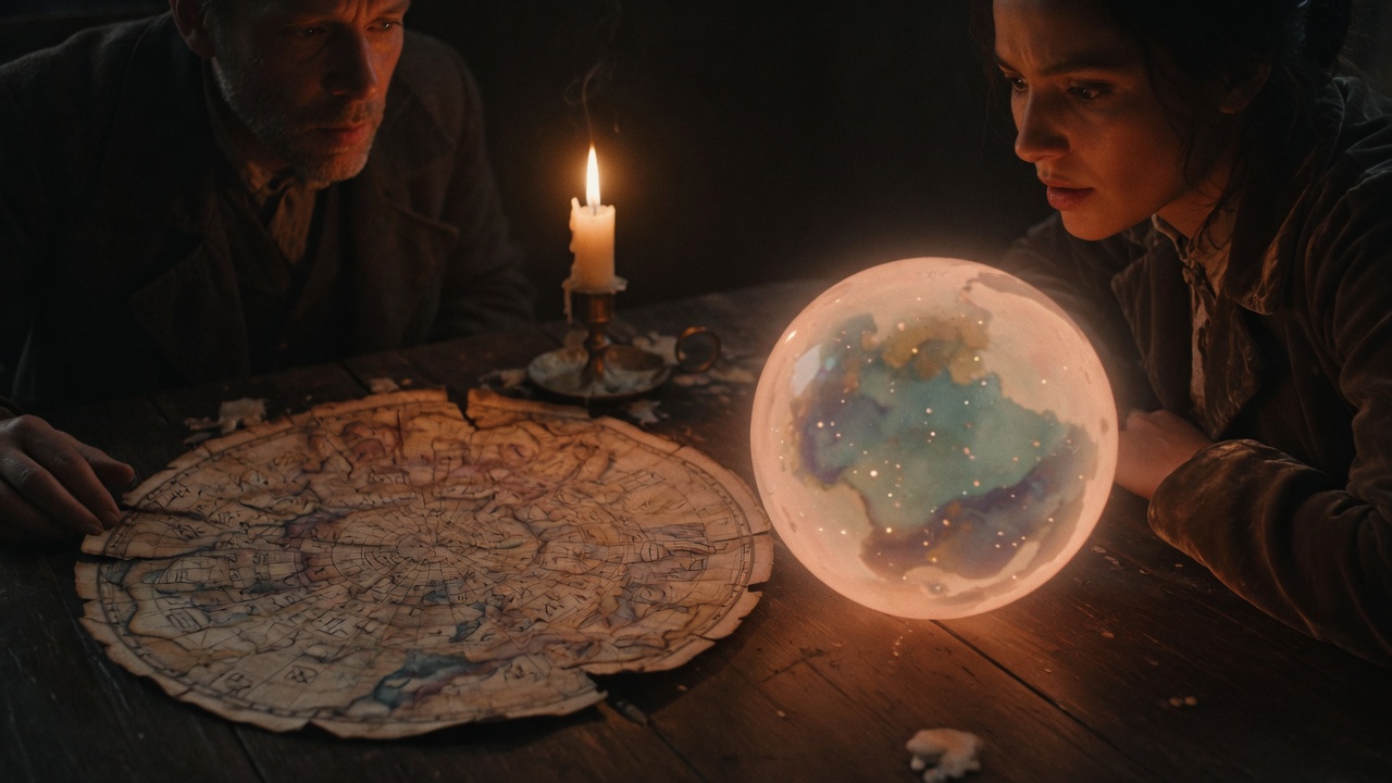 Two people at a table with a flat old map and a glowing sphere — a new map of the world.